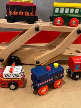 Wooden Train Set Lot Fire Truck Trolley Cars Lift Bridge Toys Bundle Kids